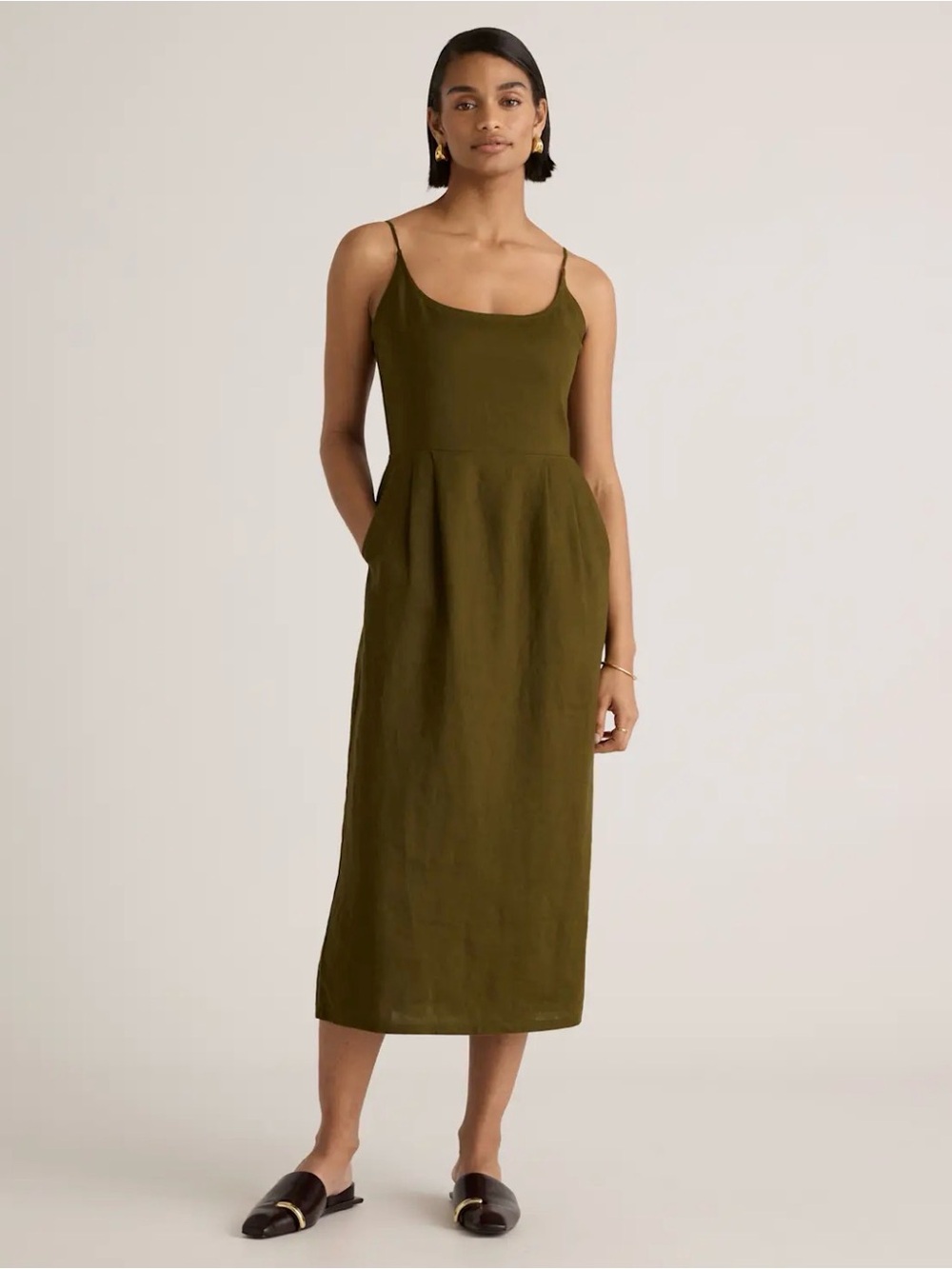 Quince European Linen Scoop Neck Midi Dress in Martini Olive Green Size Medium